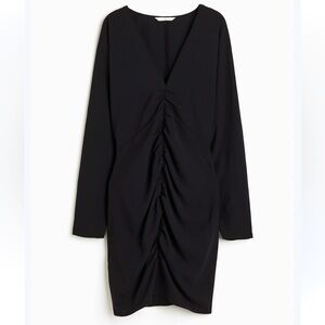 H&M black gathered dress woman size XL long sleeve v neck